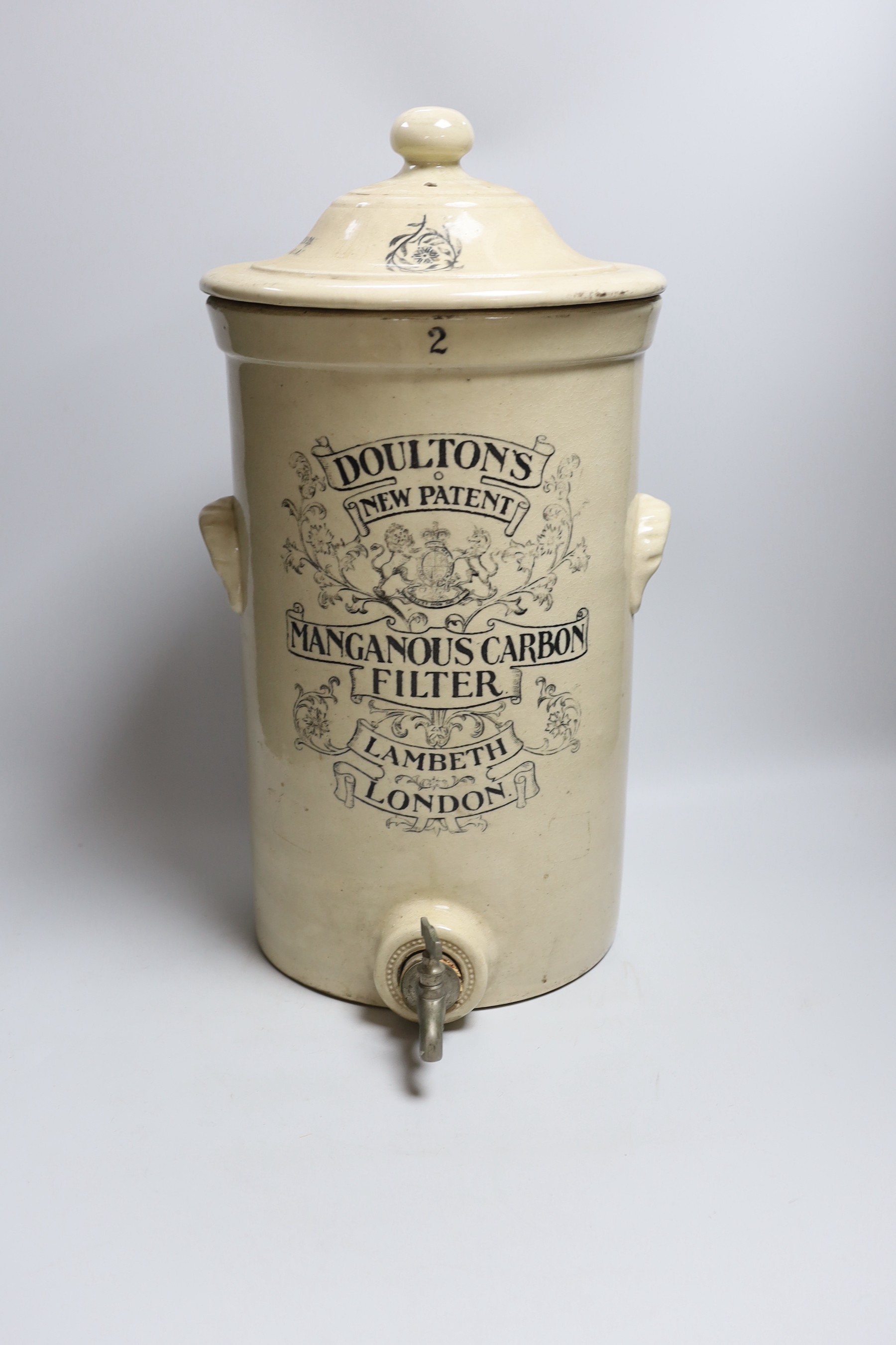 A Doulton’s Lambeth London, new patent Manganous Carbon filter stoneware purifier, 45cms high